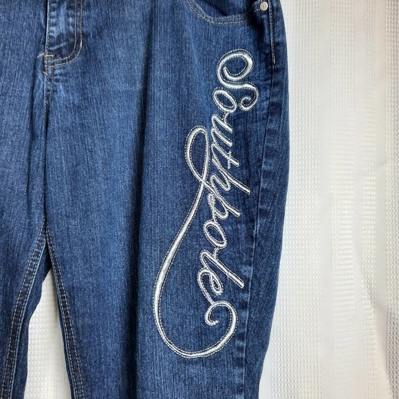 Southpole Women's Stretch Dark Wash Silver Embroidery Pockets  Flare Cut‎ 20 - Picture 2 of 6
